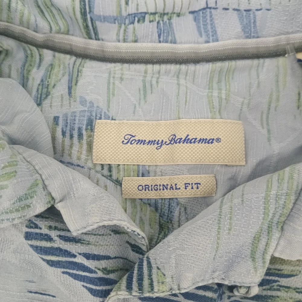 Tommy Bahama Mens L Silk Tropical Palm Leaf Print Button Down Camp Shirt Blue